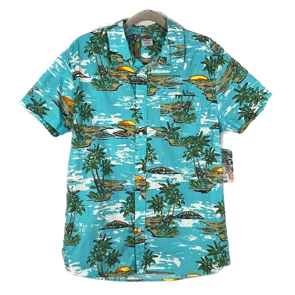 Hang Ten Shirt Tropical Surf Sun Sand Novelty Print Hawaiian Size Medim Blue